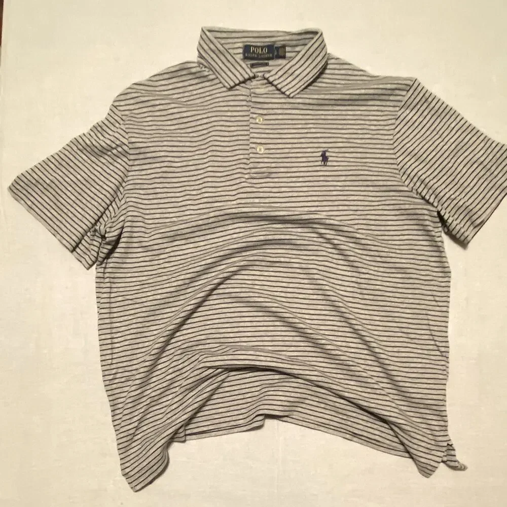 Polo Ralph Lauren Gray Blue Striped Classic Fit Polo Shirt Men’s L Short Sleeve